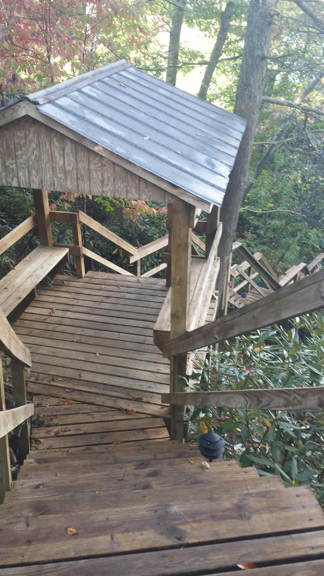 Metal roofed shelter over wooden steps on a wooded walkway — Skylight Repair & Installation work by our crew in Chino